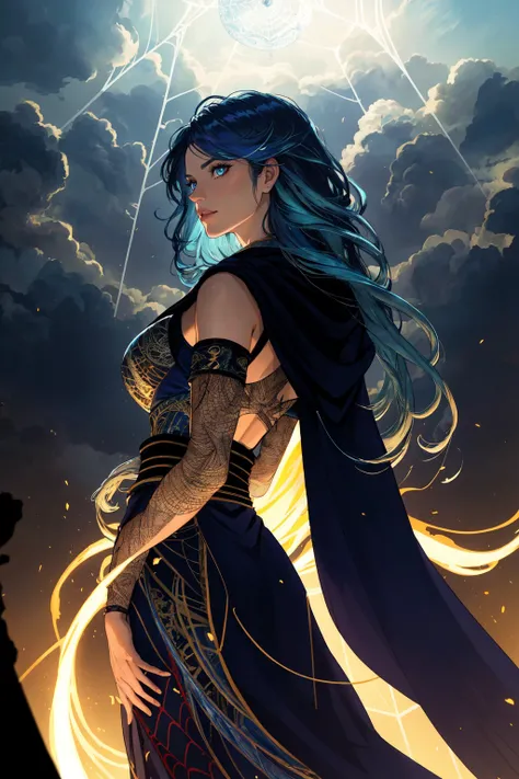 masterpiece, best quality, 1girl, long hair, blue hair, arms behind back, blue eyes, heavenly clouds, long wizard robe, flames Cent-Angle Earth-QualityPos