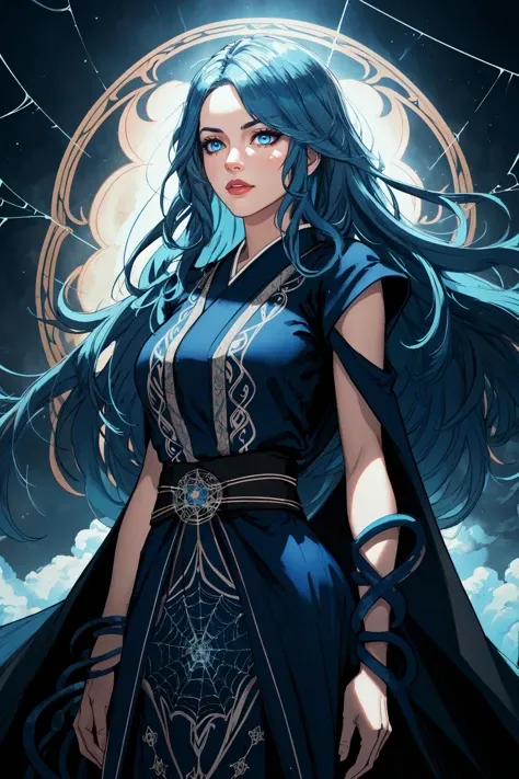 masterpiece, best quality, 1girl, long hair, blue hair, arms behind back, blue eyes, heavenly clouds, long wizard robe, flames Cent-Angle Earth-QualityPos