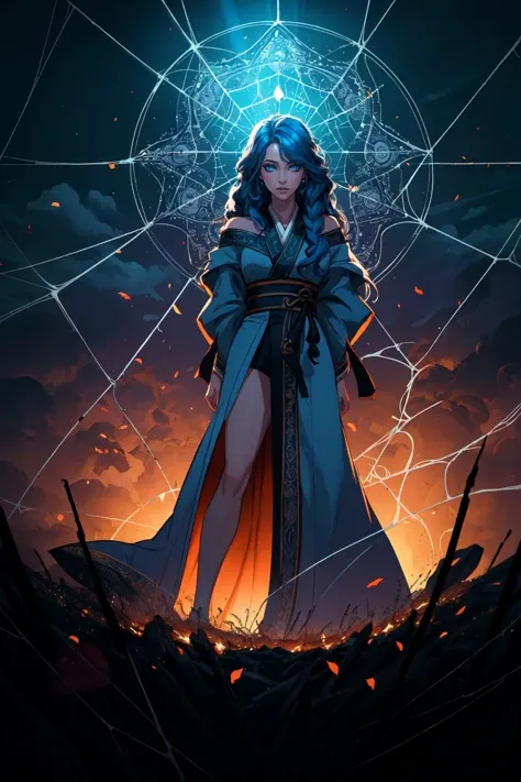 masterpiece, best quality, 1girl, long hair, blue hair, arms behind back, blue eyes, heavenly clouds, long wizard robe, flames Cent-Angle Earth-QualityPos
