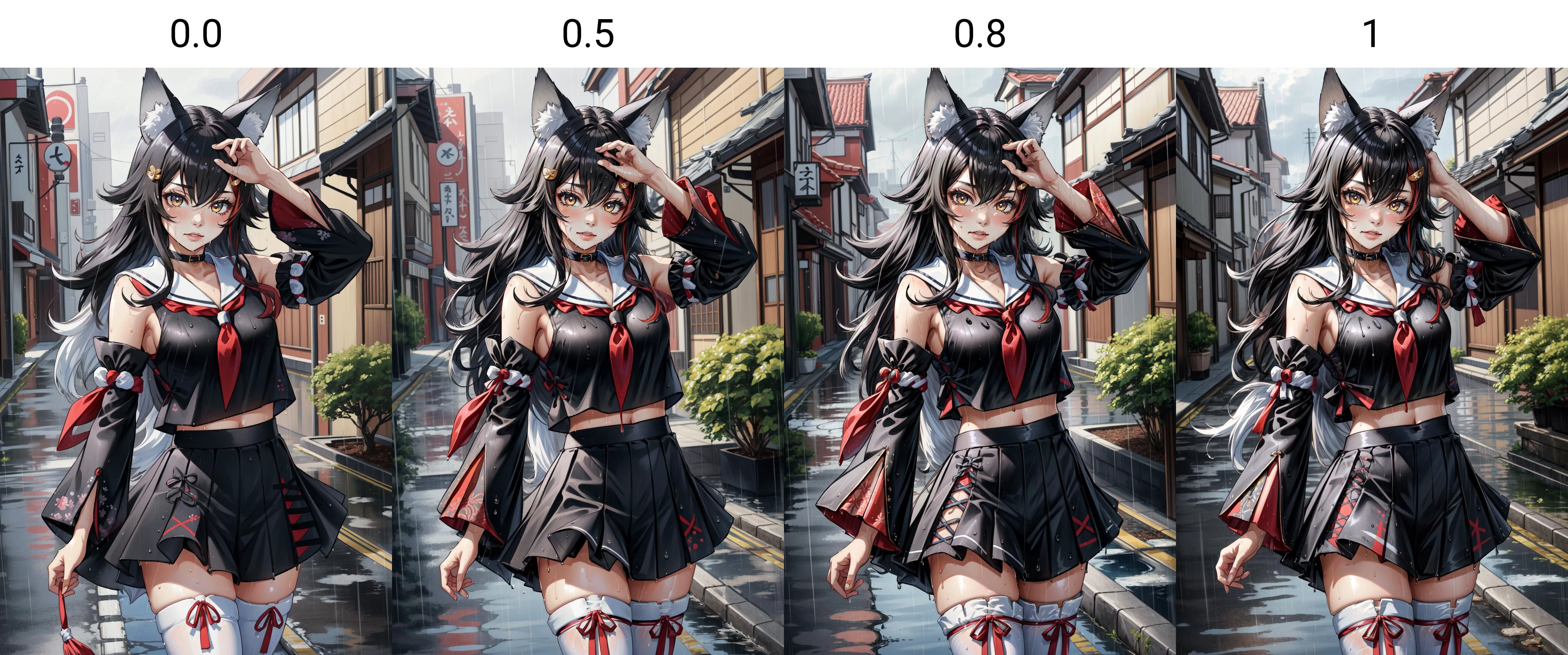(masterpiece, best quality), intricate details,
1girl, <lora:ookami mio 6 outfits:0.8> miodefault, long hair, hair ornament, sailor collar, black shirt, black skirt, detached sleeves, midriff, kouhaku nawa, (white thighhighs:1.2), wolf tail,
outdoors, japanese street, rain, wet, wet clothes, wet hair,
<lora:furthermore:0.0>