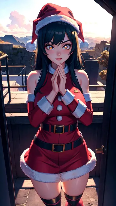 Athletic female AI overlord santas in santa dresses with Santa hats, green team, green glow, artificial intelligence, glowing, vivid, extremely beautiful glowing piercing eyes, cinematic scene, hero view, action pose, scenery, detailed background, masterpiece, best quality, high quality, absurdres