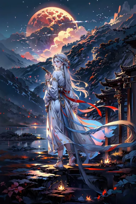 <lora:Hanama wine V2:0.8>, Hanama wine, (holding sword):1.1, from behind, waves of fire, fire spiral, gale fire, inner power,
BREAK((solo, 1girl, adorable girl, young female,cute), (full body:1.3), dynamic angle, dynamic postures, detailed shadow, lightning, (wide view, wide-angle lens)),
BREAK(very long hairs, blindfold, (white blindfold:1.2), (long dress, necklace, white dress, sandals, habit):1.1, makeup, lipstick, (multicolor sliver blue hairs):1.1),
BREAK(perfect(anatomy,body,face,hand,leg,foot)),
BREAK( <lora:Night scene_20230715120543:0.5>, cozy, outdoors, detailed temple, evening, winter, snow dust, night ,(starry star, red moon):1.05),
BREAK(<lora:more_details:0.5>, extremely detailed, CG, 8k Amazing, finely detail, (masterpiece:2.0, best quality), (intricate details, depth of field)),