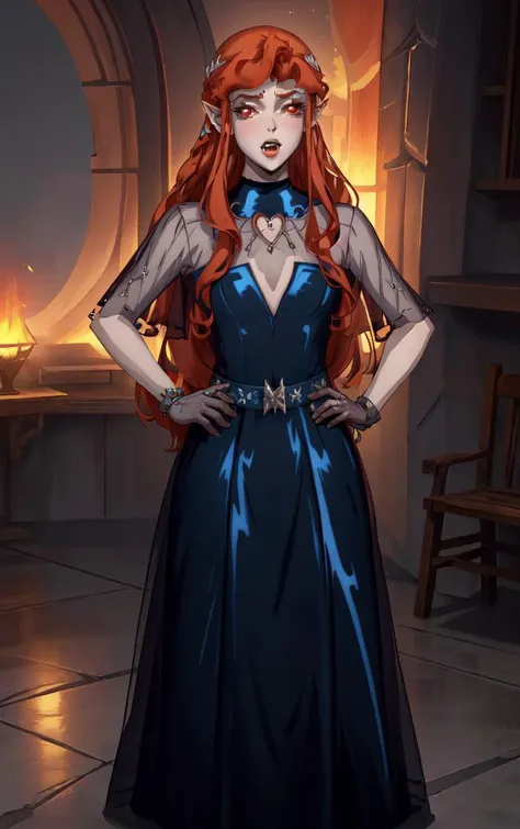 ((masterpiece, best quality)), insaneres, absurdres, solo, looking at viewer,
BlueDress_Lenore_ownwaifu,
1girl, long hair, red eyes, blush, pointy ears, lips, breasts, red hair, hair ornament, braid, fangs, makeup, lipstick, black lips, vampire, very long hair, wavy hair, colored skin, blunt bangs,
cleavage, dress, jewelry, gloves, blue dress, see-through, grey gloves, see-through sleeves, ring, long dress, belt, choker, bracelet,
(contrapposto, hand on hip)<lora:CARTOON_Castlevania_Lenore_ownwaifu:1>,
depth of field, vanishing point, garden, sidelighting,