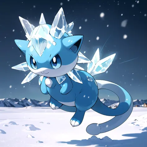 highres, masterpiece, sugimori ken \(style\), picture of an ice type pokemon \(creature\), mew, blue, ice, snow, outside, legendary, flying, tail