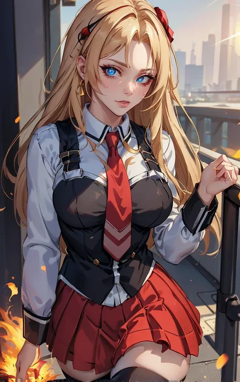 ((masterpiece, best quality)), insaneres, absurdres, solo, outdoors,
CLOTHING_BibleBlack_SchoolDress_ownwaifu, 
1girl, blonde hair,  long hair, blue eyes, 
black vest, red skirt, white shirt, collared shirt, suspenders, school uniform, black thighhighs, zettai ryouiki, necktie, long sleeves, pleated skirt, red necktie, 
(portrait, close-up)<lora:CLOTHING_BibleBlack_SchoolDress_ownwaifu:0.8>,
lens flare, depth of field, bokeh, embers, vanishing point, looking at viewer,