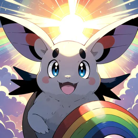highres, masterpiece, sugimori ken \(style\), picture of a normal type prism translucent pokemon \(creature\), rainbow pokemon, prism reflection, light, detailed prism lighting, happy, cute, floating, sunny day, big eyes