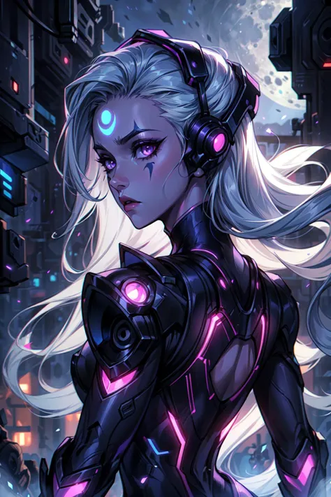 masterpiece, best quality,
1girl, dainty, skinny, petite, white hair, portrait,
(cyberpunk:1.2), neon, glowing, purple theme, purple lights, moon in the background, looking back, cropped, open back,
<lora:samdoesartsSamYang_offsetRightFilesize:0.4>,
<lora:LORSMVKOHYA:0.0>,
<lora:Robotaction:0.1>, robot,
<lora:epi_noiseoffset2:0.2>,
<lora:diana:0.5>, diana (league of legends), diana, forehead mark, glowing markings,
<lora:add_detail:1>,