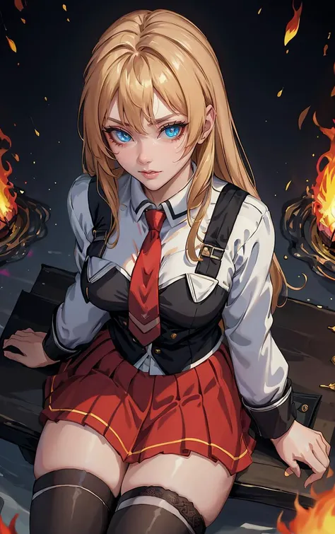 ((masterpiece, best quality)), insaneres, absurdres, solo, outdoors,
CLOTHING_BibleBlack_SchoolDress_ownwaifu,
1girl, blonde hair, long hair, blue eyes,
black vest, red skirt, white shirt, collared shirt, suspenders, school uniform, black thighhighs, zettai ryouiki, necktie, long sleeves, pleated skirt, red necktie,
(from above, sitting)<lora:CLOTHING_BibleBlack_SchoolDress_ownwaifu:0.9>,
lens flare, depth of field, bokeh, embers, vanishing point, looking at viewer,
