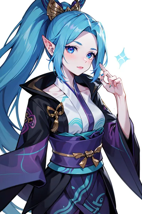 absurdres, best quality, 1girl, solo, looking at viewer, eye focus, <lyco:GoodHands-beta2:1.0>, <lora:spirit_blossom_vayne:0.8>, spirit blossom vayne, kimono, hair ornament, blue hair