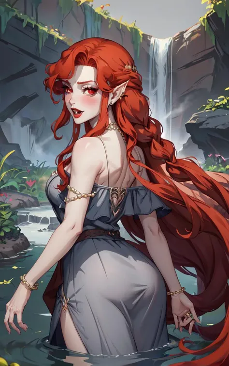 ((masterpiece, best quality)), insaneres, absurdres, solo, looking at viewer,
NightGown_Lenore_ownwaifu,
1girl, long hair, red hair, red eyes, pointy ears, blush, breasts, cleavage, lips, red lips, collarbone, fangs, lipstick, makeup, vampire, braid, floating hair,
jewelry, necklace, pearl necklace, armlet, grey dress, bare shoulders,
(wading, ass support), waterfall, <lora:CARTOON_Castlevania_Lenore_ownwaifu:0.75>,
depth of field, vanishing point, garden, sidelighting,