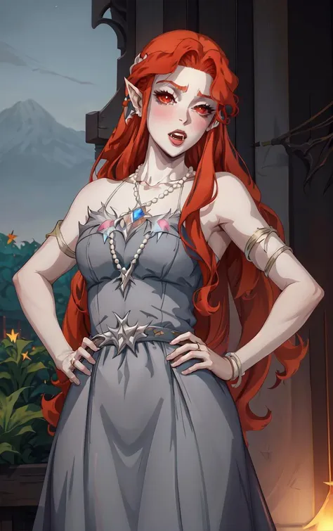 ((masterpiece, best quality)), insaneres, absurdres, solo, looking at viewer, 
NightGown_Lenore_ownwaifu,
1girl, long hair, red hair, red eyes, pointy ears, blush, breasts, cleavage, lips, red lips, collarbone,  fangs, lipstick, makeup, vampire, braid, floating hair, 
jewelry, necklace, pearl necklace, armlet, grey dress, bare shoulders, 
(contrapposto, hand on hip)<lora:CARTOON_Castlevania_Lenore_ownwaifu:1>,
 depth of field, vanishing point, garden, sidelighting,