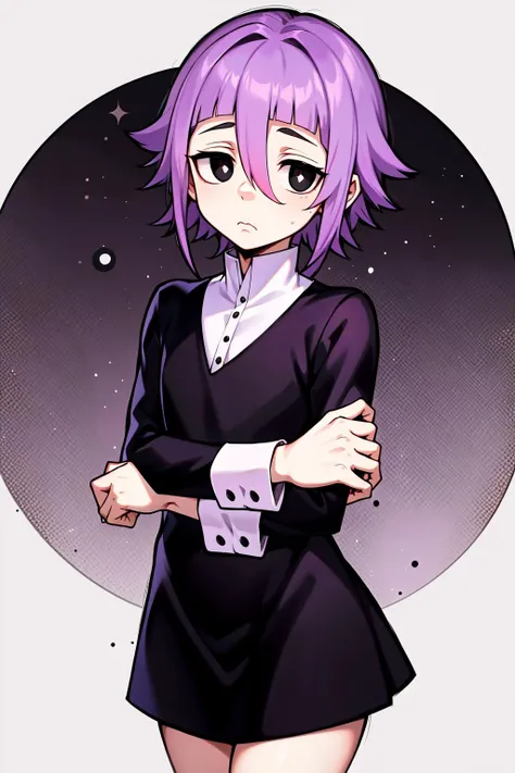 absurdres, best quality, androgynous, solo, looking at viewer, <lyco:GoodHands-beta2:1.0>, <lora:crona:0.5>, Crona, (nervous:1), (scared:0.75), (hand on own arm:0.5), cuff links, hair between eyes, black dress, purple hair, blunt bangs, closed mouth, hair flaps, long sleeves, solid circle pupils, black eyes,