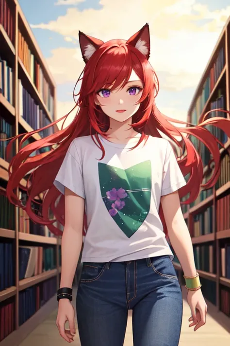 (masterpiece, best illustration, extreme light and shadow), 1boy, solo, transgender male, red hair, green hair, purple eyes, cat ears, animal ears, two tone hair, long hair, wearing a black and pink anime tshirt, denim jeans, makeup, wristband, lipstick, jewelry, depth of field, standing in a library, (summer:1.2), wind swept hair, (sidelighting), (volumetric lighting)