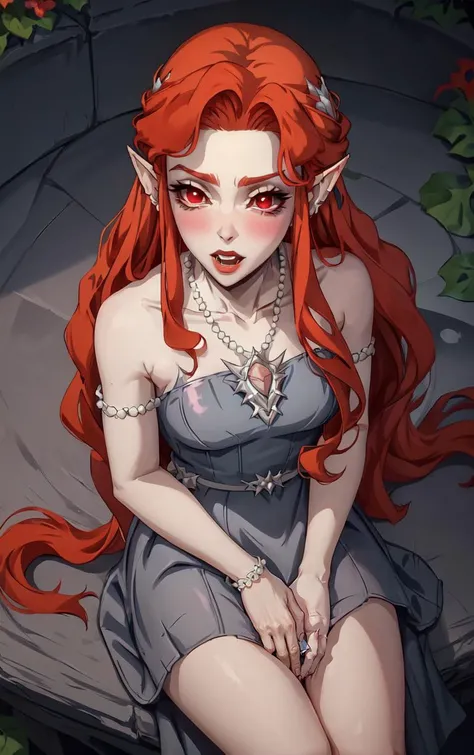 ((masterpiece, best quality)), insaneres, absurdres, solo, looking at viewer,
NightGown_Lenore_ownwaifu,
1girl, long hair, red hair, red eyes, pointy ears, blush, breasts, cleavage, lips, red lips, collarbone, fangs, lipstick, makeup, vampire, braid, floating hair,
jewelry, necklace, pearl necklace, armlet, grey dress, bare shoulders,
(from above, sitting)<lora:CARTOON_Castlevania_Lenore_ownwaifu:0.9>,
depth of field, vanishing point, garden, sidelighting,