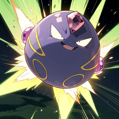 highres, masterpiece, sugimori ken \(style\), pokemon \(creature\), picture of a green jumping psychic type pokemon putside, night, closed eyes, solo, tongue out, purple head gemstone, glowing gem