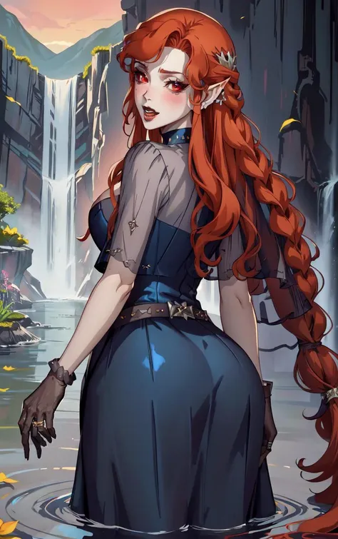 ((masterpiece, best quality)), insaneres, absurdres, solo, looking at viewer, 
BlueDress_Lenore_ownwaifu, 
1girl, long hair, red eyes, blush, pointy ears, lips, breasts,  red hair, hair ornament, braid, fangs, makeup, lipstick, black lips, vampire, very long hair, wavy hair, colored skin, blunt bangs,
cleavage, dress, jewelry, gloves, blue dress, see-through, grey gloves, see-through sleeves, ring,  long dress,  belt, choker, bracelet, 
(wading, ass support), waterfall, <lora:CARTOON_Castlevania_Lenore_ownwaifu:0.75>,
 depth of field, vanishing point, garden, sidelighting,