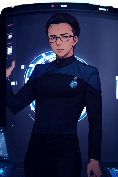 handsome man wearing (pcdst blue uniform,black pants,black long sleeves,black chest:1.3),in the space station control room<lora:STPicardUniforms:0.8>