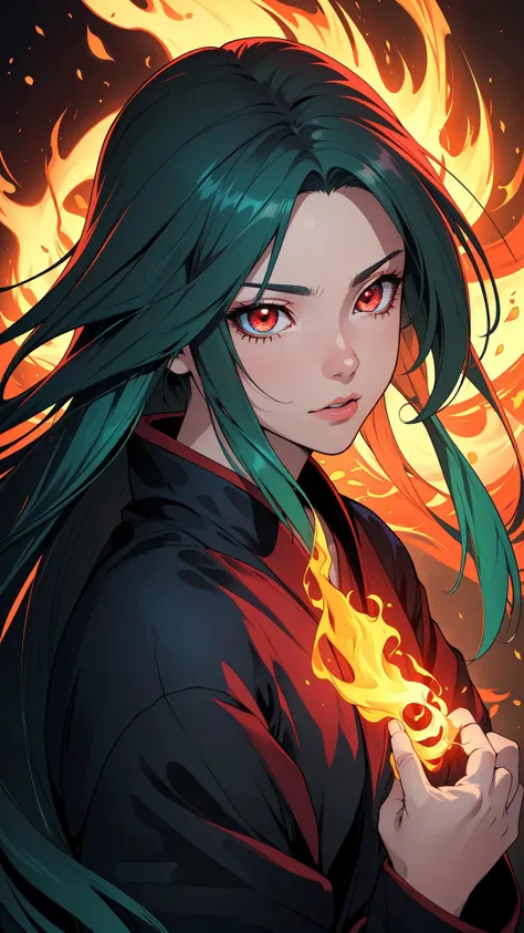 (masterpiece:1.2, best quality), (finely detailed beautiful eyes: 1.2), (extremely detailed CG unity 8k wallpaper, masterpiece, best quality, ultra-detailed, best shadow), (detailed background), 1 Girl, long green hair, red eyes, Ninja, look ahead, (Ninjutsu gestures:1.2), Flame background, Colorful, Fantasy, Abstract Background, manga art,