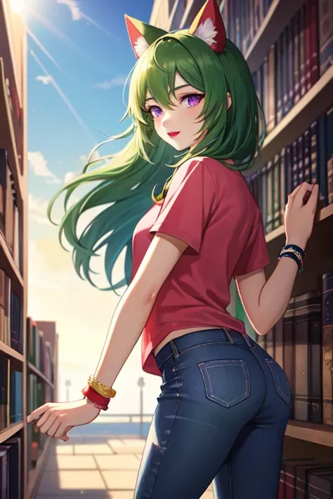 (masterpiece, best illustration, extreme light and shadow), 1boy, solo, transgender male, red hair, green hair, purple eyes, cat ears, animal ears, two tone hair, long hair, wearing a black and pink anime tshirt, denim jeans, makeup, wristband, lipstick, jewelry, depth of field, standing in a library, (summer:1.2), wind swept hair, (sidelighting), (volumetric lighting)