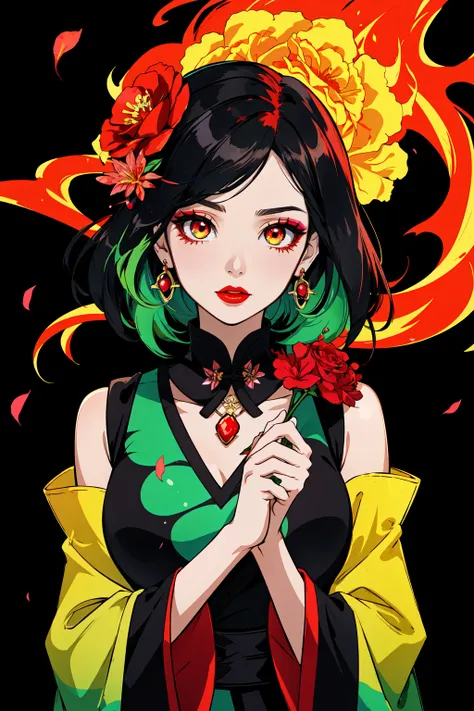 cel shading, Anime style, chibi, 1girl, solo, looking at viewer, black hair, green hair, flames, subsurface scatterting, (zentangle:0.2), specular highlights, smoke, embers, hair ornament, long sleeves, horror, poltergeist vibes, neon colors, muilticolored hair, two-tone hair, dress, large breasts, holding, brown eyes, jewelry, upper body, flower, earrings, hair flower, wide sleeves, necklace, petals, makeup, rose, chinese clothes, lipstick, black background, red flower, gem, holding flower, red lips
