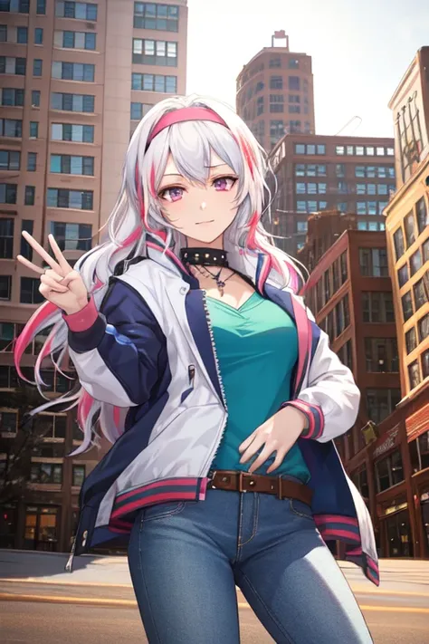 (masterpiece, anime, kawaii,best illustration, extreme light and shadow), (1boy:.6), solo, (non binary:.8), (girl focus:.7), (mature:.9), transgender female, white hair, two tone hair, jacket, blue jacket, pink gloves, pink eyes, white hair, headband, white denim jeans, multicolored hair, blue headband, multicolored clothes, hair behind ear, long hair, green bodysuit, looking at viewer, open jacket, yellow jacket, arm up, multicolored bodysuit, goth eye liner, wristband, emo punk style, (punk:1.5), jewelry,(dynamic angle), (two fingers showing a peace sign, hand up), depth of field, tattoos, (downtown minneapolis:2),, (best sunlight:.8), (lens flare:.9), wind swept hair, (sidelighting), (volumetric lighting),