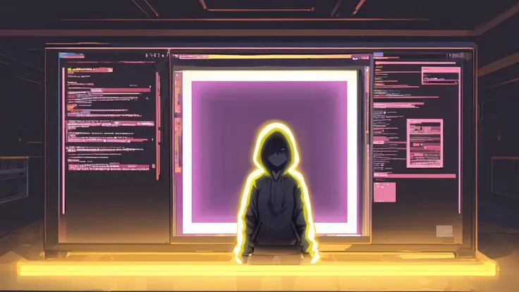 glowing neon BREAK minimalist illustration, female developer wearing hoodie, looking at black terminal screen, in the dark room