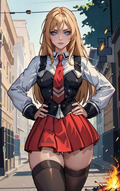 ((masterpiece, best quality)), insaneres, absurdres, solo, outdoors,
CLOTHING_BibleBlack_SchoolDress_ownwaifu,
1girl, blonde hair, long hair, blue eyes,
black vest, red skirt, white shirt, collared shirt, suspenders, school uniform, black thighhighs, zettai ryouiki, necktie, long sleeves, pleated skirt, red necktie,
(contrapposto, hand on hip)<lora:CLOTHING_BibleBlack_SchoolDress_ownwaifu:1>,
lens flare, depth of field, bokeh, embers, vanishing point, looking at viewer,