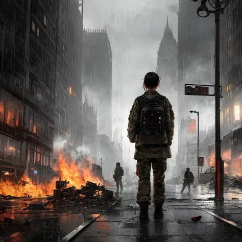 masterpiece, cinematic shot, (end of the world), epic realistic, DSLR, (apocalyptic), street, street view, (destruction), intricate details, highly detailed, abandoned, dark, scary, alone, broken, highres, 8k, skyscrapers, sharp focus, dramatic, soldier standing with back to the viewer, military backpack, rifle, burning buildings, ((neutral colors)), complex background, vignette, heavy rain, London 1940