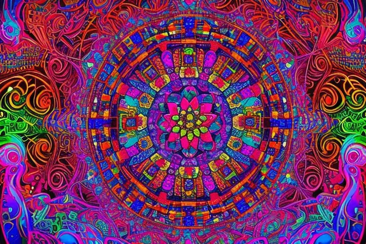 extremely detailed, trippy, chaotic crazy acid cult part scene
