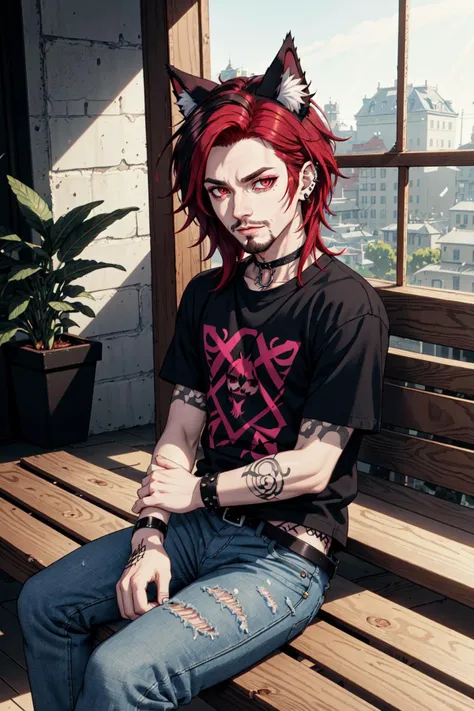 (masterpiece, best illustration, extreme light and shadow), 1boy, solo, (male focus:.7), transgender male, red hair, l facial hair, beard, red hair, red eyes, stubble, cat ears, animal ears, animal ear fluff, specular highlights, detailed eyes, detailed face, textured skin, textured hair, depth of field, (mature), perfect face, side lighting, lustrous skin, (bloom), (shine), wearing a black and pink anime tshirt, denim jeans, goth makeup, wristband, emo punk style, (punk:1.5), jewelry, (perfect hands:1.2), depth of field, tattoos, shy, sitting on a bench in a shopping mall, (indoor lighting:1.2), wind swept hair, (sidelighting), (volumetric lighting),
