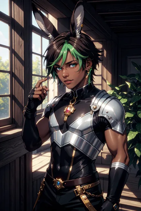 animal ears, rabbit ears, viera, solo, jewelry, gloves, dark skin, ring, male focus, facial mark, earrings, fingerless gloves, 1boy, dark-skinned male, blurry, multicolored hair, brown hair, blurry background, indoors, short hair, looking at viewer, hand up, black hair, green hair, standing epiCPhoto Earth-QualityPos DSLRQuality-Realism