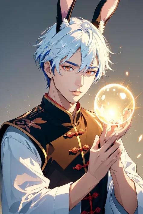 (masterpiece, best quality, ultra-detailed, highres, best illustration),perfect face, ((solo, solo focus)),sidelighting,, epic, illustration, render, volumetric lighting, welcoming, see-through gossamer, in Japan,lustrous skin,(bloom), (shine), ray tracing,masterpiece, best quality, 1boy, male focus, solo, blue hair, multicolored hair, rabbit ears, two-tone hair, mole, white hair, chinese clothes, upper body, brown eyes, orange eyes, hand on own chin, looking at viewer,depth_of_field,very detailed background,extreme light and shadow,(detailed eyes), (beautiful) beautiful detailed eyes, perfect lighting , perfect anatomy,(extremely detailed illustrated 8k wallpaper),(masterpiece), (best quality), (ultra-detailed), (best illustration),(best shadow), (fantasy:1.4) , vivid colors,