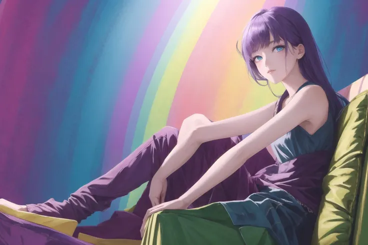 (masterpiece), solo,1girl, green eyes, full body, sitting on a couch, freckles, purple hair, rainbow neon background, dynamic angle,