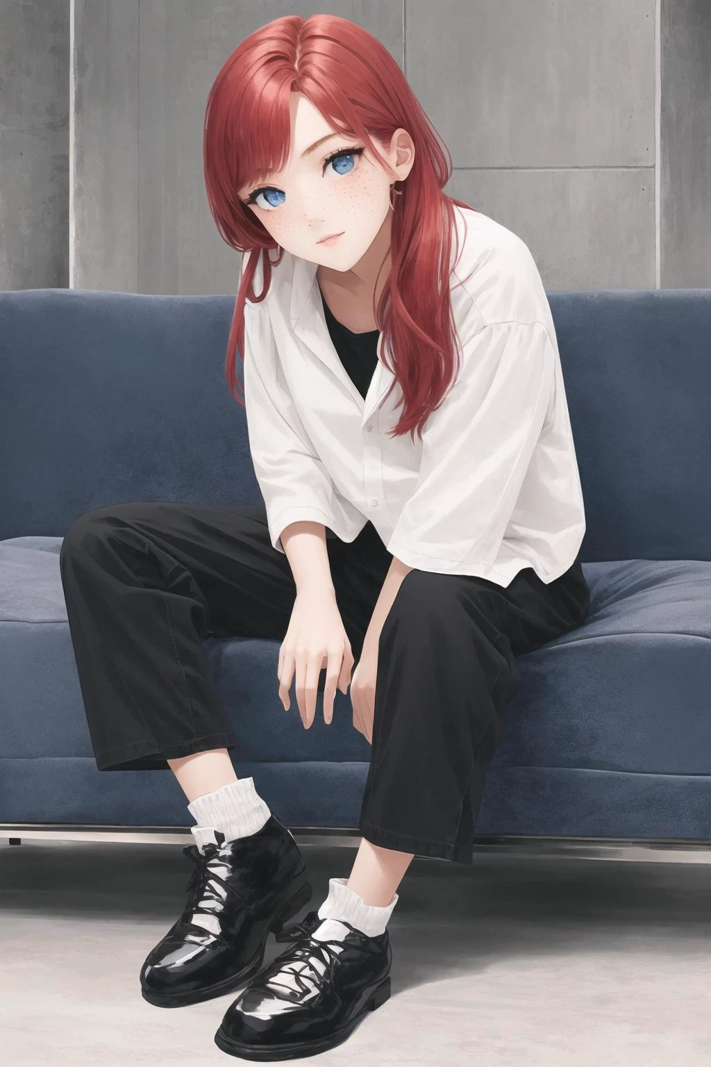 solo,1girl, blue eyes, full body, sitting on a couch, freckles, red hair, dynamic angle,