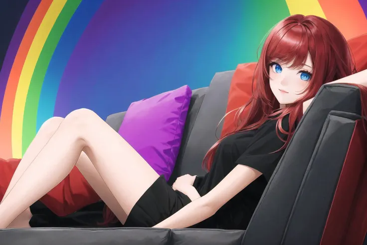 solo,1girl, blue eyes, full body, sitting on a couch, freckles, red hair, rainbow neon background, dynamic angle,