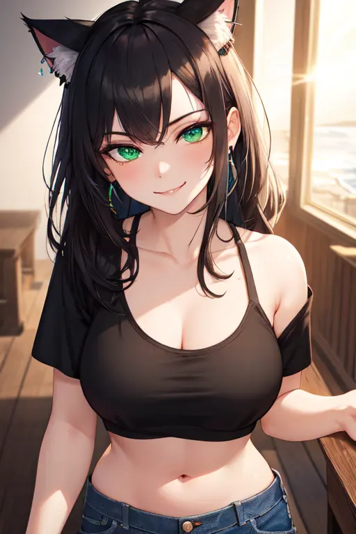 (masterpiece, best quality, ultra-detailed, highres),perfect face, sidelighting, lustrous skin,(bloom), (shine), ray tracing, sci-fi, 1girl, solo, wearing a band tshirt, denim jeans, (cat ears, animal ears), (holographic green eyes),earrings, long_hair,(mature),depth_of_field,very detailed background,extreme light and shadow,(detailed eyes), (beautiful) beautiful detailed eyes, (seductive smirk), island scene background, perfect lighting , perfect anatomy, upper body ,close up , pov