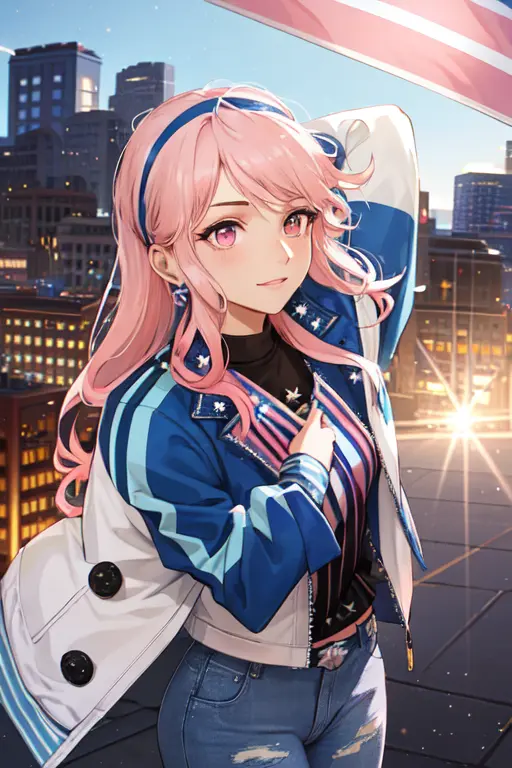 (masterpiece, best illustration, extreme light and shadow), (1boy:.6), solo, (non binary:.8), (girl focus:.7), (mature:.9), transgender female, white hair, two tone hair, jacket, blue jacket, pink gloves, pink eyes, white hair, headband, white denim jeans, multicolored hair, blue headband, looking up, multicolored clothes, hair behind ear, (holding the a pink white and blue striped flag:2), long hair, green bodysuit, looking at viewer, open jacket, yellow jacket, arm up, multicolored bodysuit, goth eye liner, wristband, emo punk style, (punk:1.5), jewelry, depth of field, tattoos, (downtown minneapolis:2),, (best sunlight:.8), (lens flare:.9), (fantasy scene:1.3), (superhero:.4), (rogue of the x-men:1.2), wind swept hair, (conservative clothing:.3), (sidelighting), (volumetric lighting),