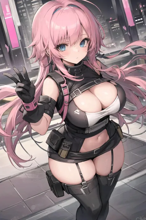 1girl, solo, mature, blue eyes, pink hair, large breasts, voluptuous, dynamic angle, looking at viewer, futuristic, citypunk:.5, cyberpunk:1.5,