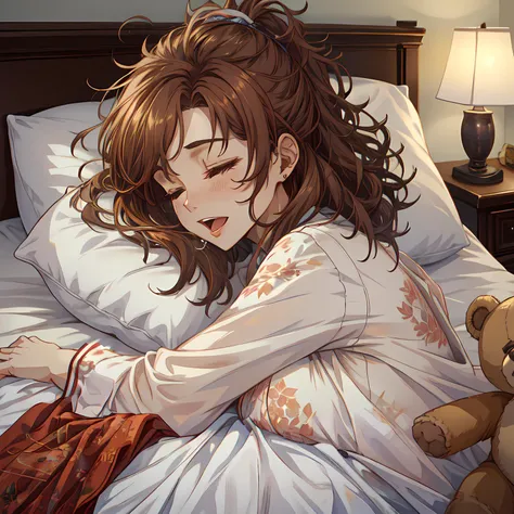 woman, sleeping in bed, lying back, head on pillow, side view
, best quality, masterpiece, ultra detailed, vivid colors, bokeh
, bedroom, large bed, teddy bear
BREAK woman named erynfnch, (busty), brunette, long auburn hair, thirty years old, mature, bare forehead, narrow face, tffthairv07nike, floral silk white pajamas, (messy hair:1.15), (wide open mouth), snoring, drool, closed eyes, sleeping, (happy:0.5)
<lora:Background_Detail_v3:0.35> <lora:MySecretStyleLora:0.9> <lora:Hyper-SD15-12steps-CFG-lora:1> <lora:add_detail:0.2>