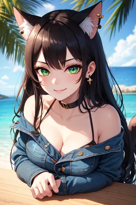 (masterpiece, best quality, ultra-detailed, highres),perfect face, sidelighting, lustrous skin,(bloom), (shine), ray tracing, sci-fi, 1girl, solo, wearing a band tshirt, denim jeans, (cat ears, animal ears), (holographic green eyes),earrings, long_hair,(mature),depth_of_field,very detailed background,extreme light and shadow,(detailed eyes), (beautiful) beautiful detailed eyes, (seductive smirk), island scene background, perfect lighting , perfect anatomy, upper body ,close up , pov
