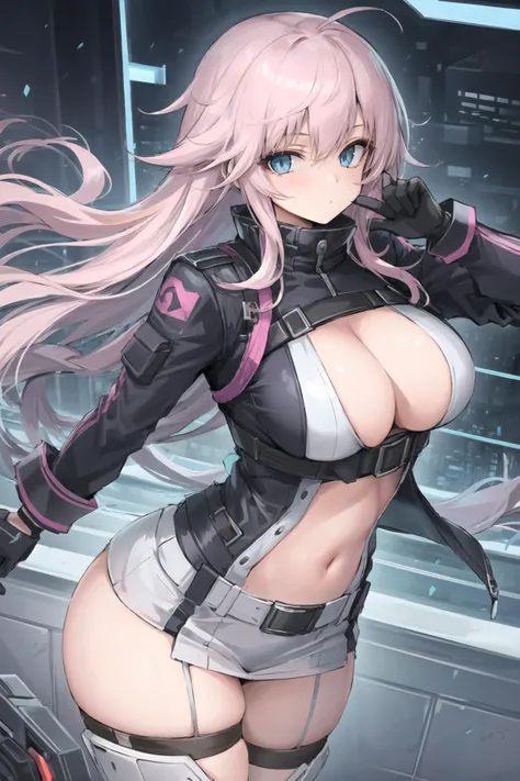 Pink Hair、woman、Pink Eyes、Cute Face、Masseter muscle area、Ruffled black jacket、There are a lot of belts、Silver Chain、Cool clothes、sticking out the navel、Look at this、length、Side Tail、Big Boobs、showoff nipple, without bra