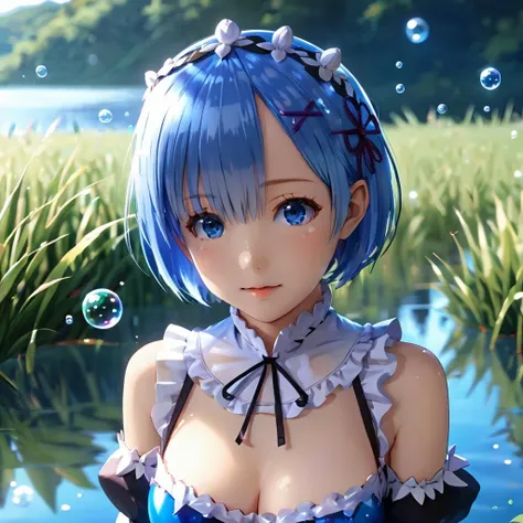 4k,cosplay,realistic,photograph,film shot,shining,shadow,a cute girl,detailed and real skin,standing in water,lake,grass,surrounded by colorful bubbles,detailed cosplay style,upper body,rem (rezero),<lora:rem (rezero):1>,