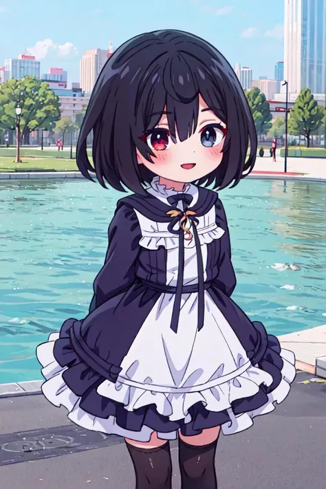 <lora:shiina_tsumugi:0.8>, shiina_tsumugi, 1girl, bangs, blue eyes, red eyes, eyes visible through hair, hair between eyes, heterochromia, short hair, black hair, standing, hair over one eye, long sleeves, frilled dress, black dress, black thighhighs, sleeves past wrists, outdoors, looking at viewer, smile, arms behind back,