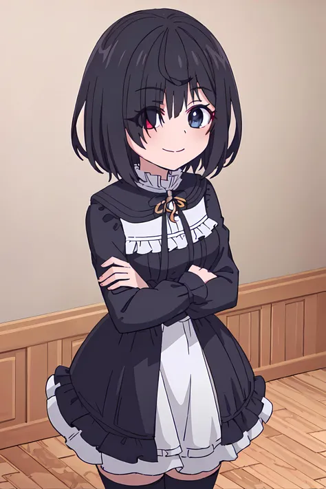 <lora:shiina_tsumugi-10:0.8>, <lora:Helltaker:0.4>, shiina_tsumugi, 1girl, bangs, blue eyes, red eyes, eyes visible through hair, hair between eyes, heterochromia, short hair, black hair, standing, hair over one eye, long sleeves, frilled dress, black dress, black thighhighs, cowboy shot, masterpiece, smile, ((upper body)), (((isolated on pink backgound))),