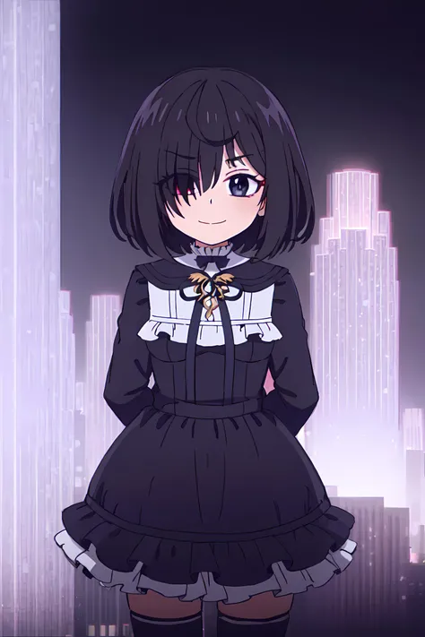 <lora:shiina_tsumugi-10:0.9>,<lora:Helltaker:0.4>, shiina_tsumugi, 1girl, bangs, blue eyes, red eyes, eyes visible through hair, hair between eyes, heterochromia, short hair, black hair, outdoors,arms behind back, standing, hair over one eye, blue sky, cloud, long sleeves, frilled dress, black dress, black thighhighs, smile, city, cityscape, (((purple background))),