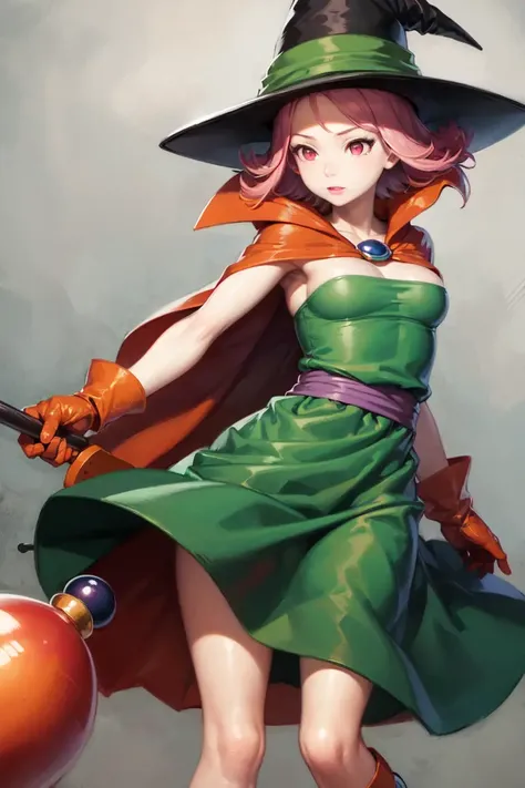 (masterpiece, best quality:1.1), mage (dq3), 1girl, solo, short hair, pink hair, red eyes, witch hat, gloves, dress, medium breasts, boots, cape, staff, black socks, witch, simple background <lora:DQ3MAGE-000005:1>