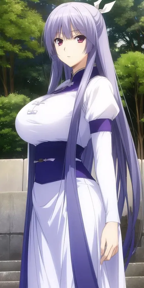 <lora:MiyaV3:0.7> asama_miya, huge_breasts, standing, solo, white_hair hair_ribbon, china_dress, masterpiece, best_quality, detailed_face, detailed_eyes, highres, beautiful, detailed, absurdres,