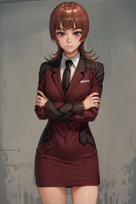 (masterpiece, best quality:1.2), <lyco:activeraid_kazari-10:1.0>, cowboy shot, solo, 1girl, kazari asami, expressionless, closed mouth, looking at viewer, crossed arms, uniform, necktie, pencil skirt
