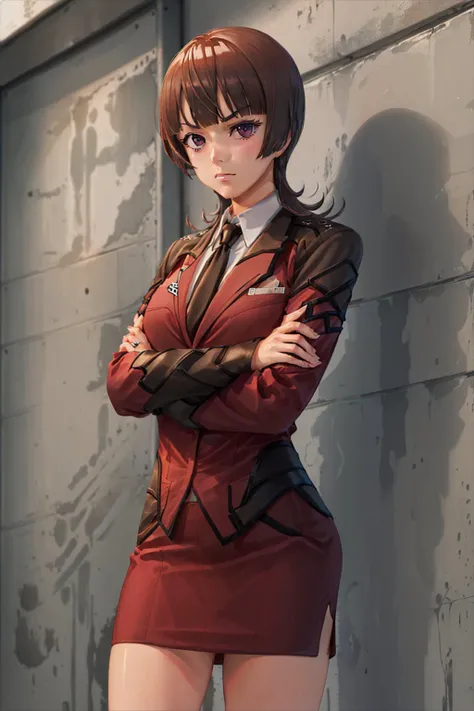 (masterpiece, best quality:1.2), <lyco:activeraid_kazari-10:1.0>, cowboy shot, solo, 1girl, kazari asami, expressionless, closed mouth, looking at viewer, crossed arms, uniform, necktie, pencil skirt