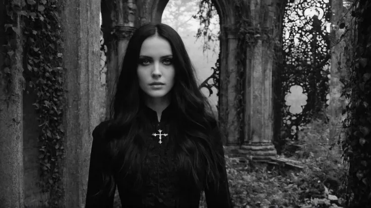 <lora:BWGH625600:1.1> (cinematic black and white:1.1), (long hair, standing woman in an overgrown outdoor gothic ruin:1.3), the face of Melinda 'neath blackened hair, atmospheric fog, haunting, dramatic, ornate, detailed, (sharp focus:1.2), film grain, [by Gustave Doré : by Johanna Helena Herolt : by Émile Gallé:0.33]